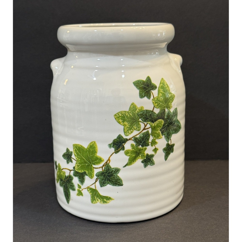 Harris Potteries Chicago White Ceramic Ivy Crock Vase Made in USA 8 inch